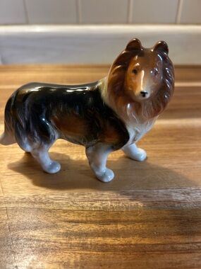 Ceramic Made in Japan Collie Dog Figurine in Brown, Black & White